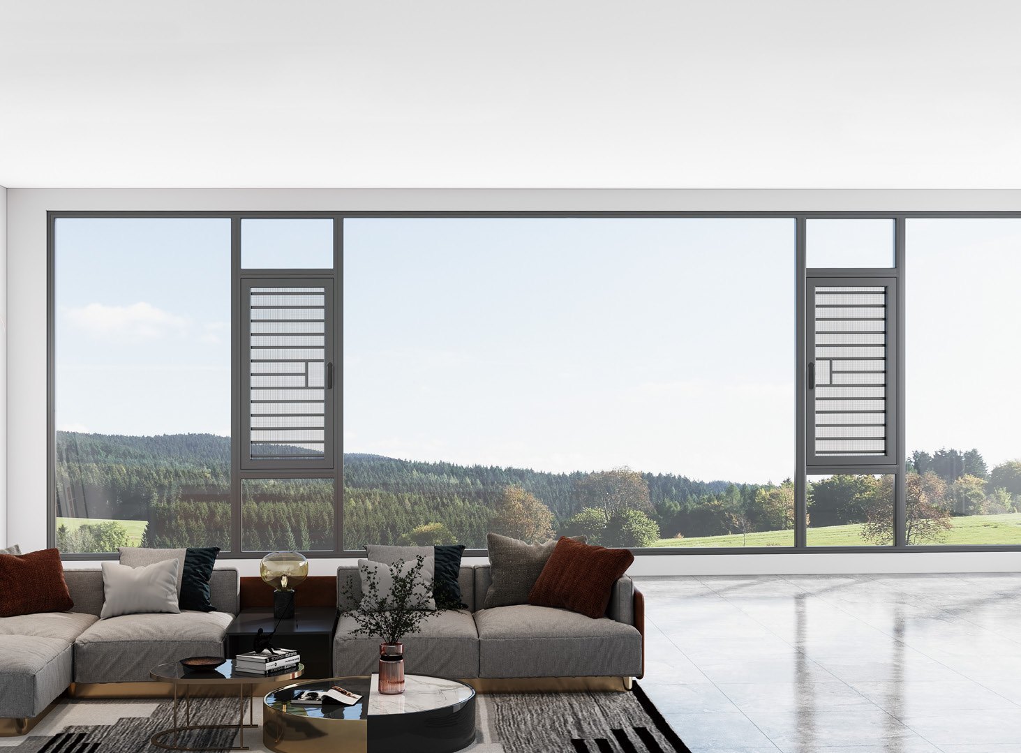 Slim frame metal screen window system in a modern interior
